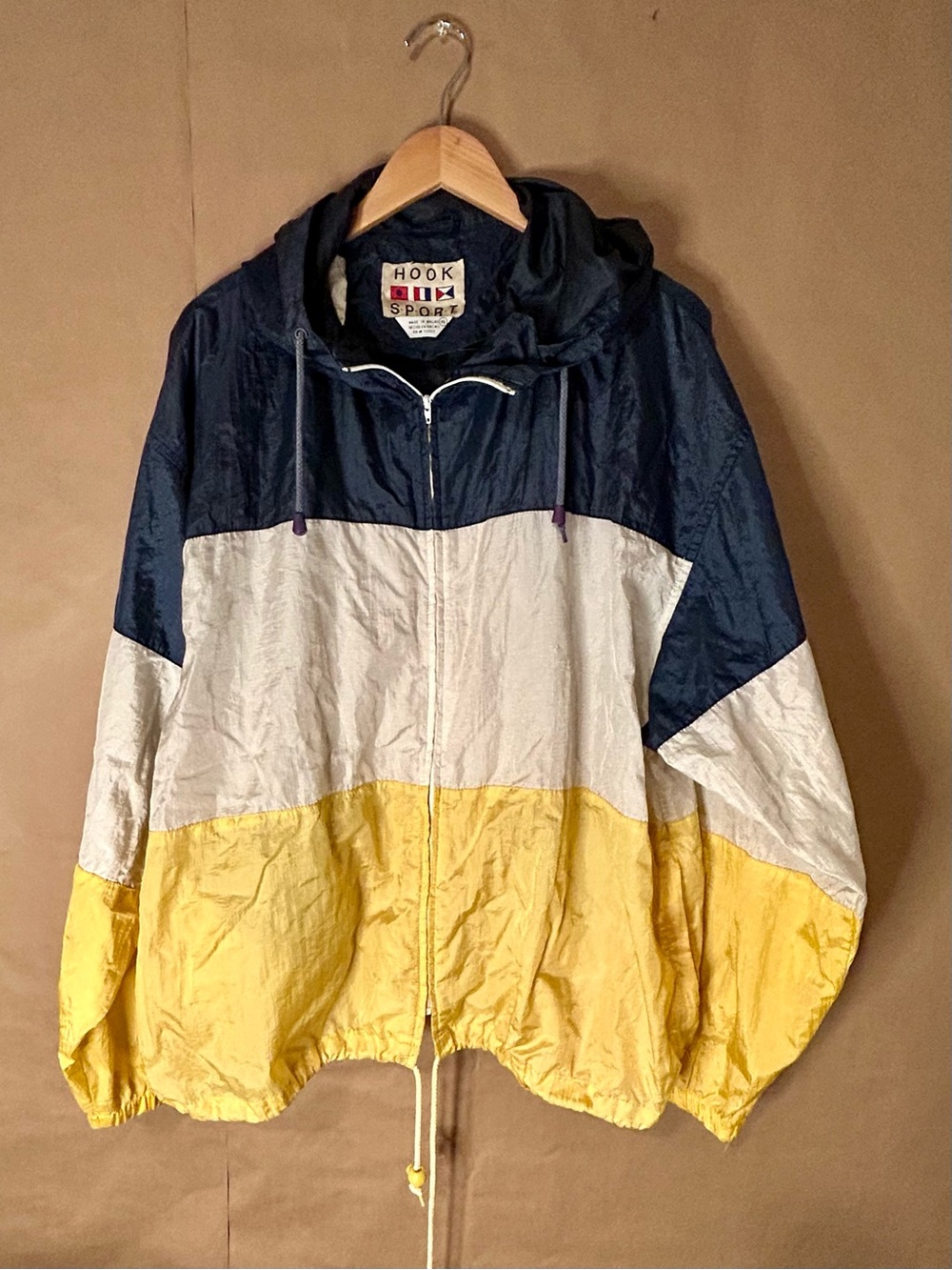Vintage 90s Hook Sport Colorblock Windbreaker Jacket XL Navy Yellow White Hooded